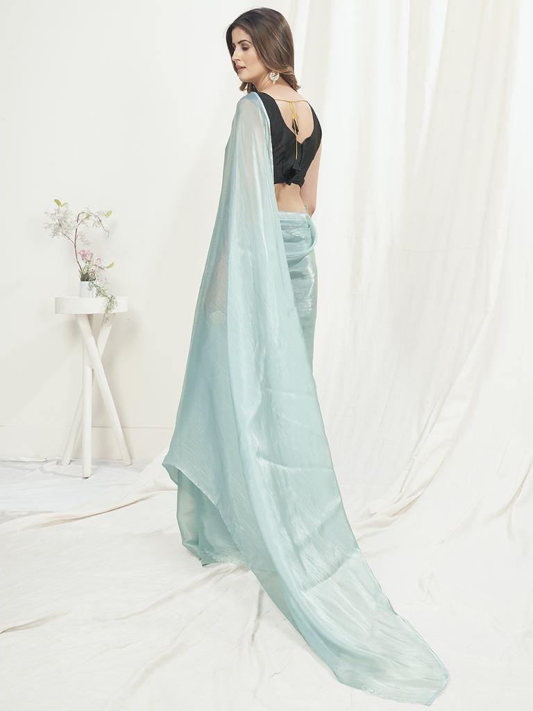 Ice Blue Ready to Wear One Minute Saree In Satin Silk