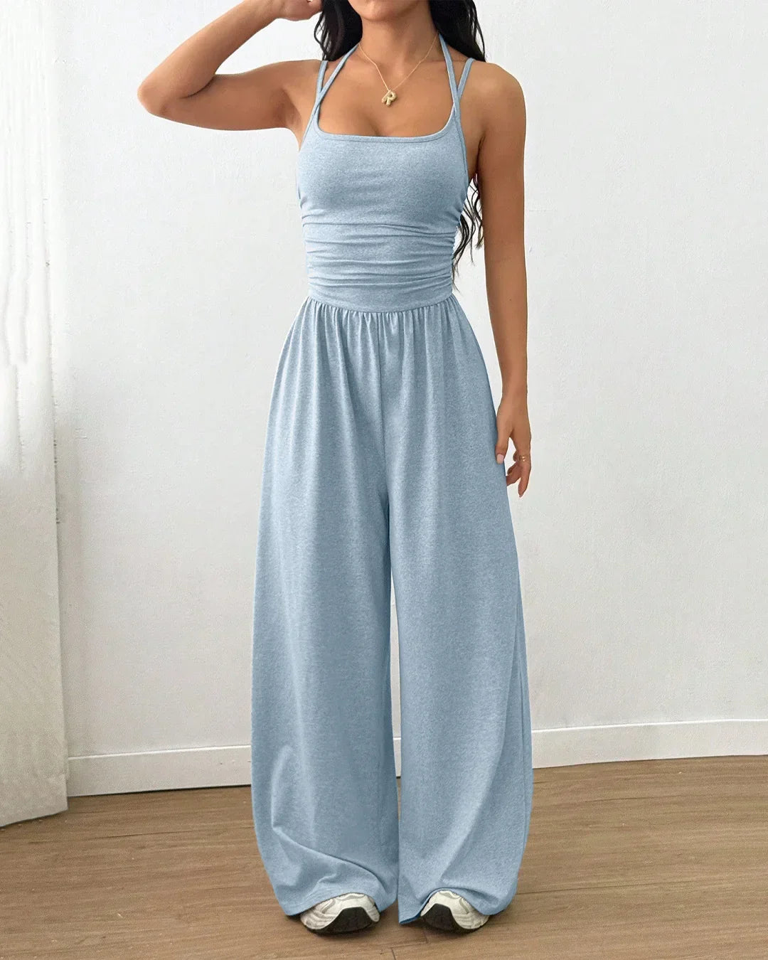 Ice Blue Sleeveless Wide-Leg Casual Jumpsuit