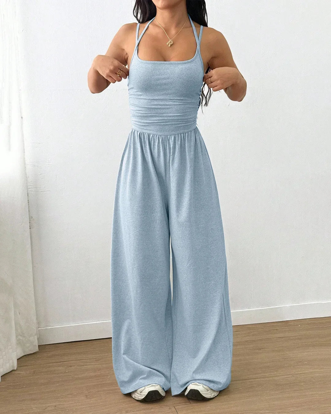 Ice Blue Sleeveless Wide-Leg Casual Jumpsuit