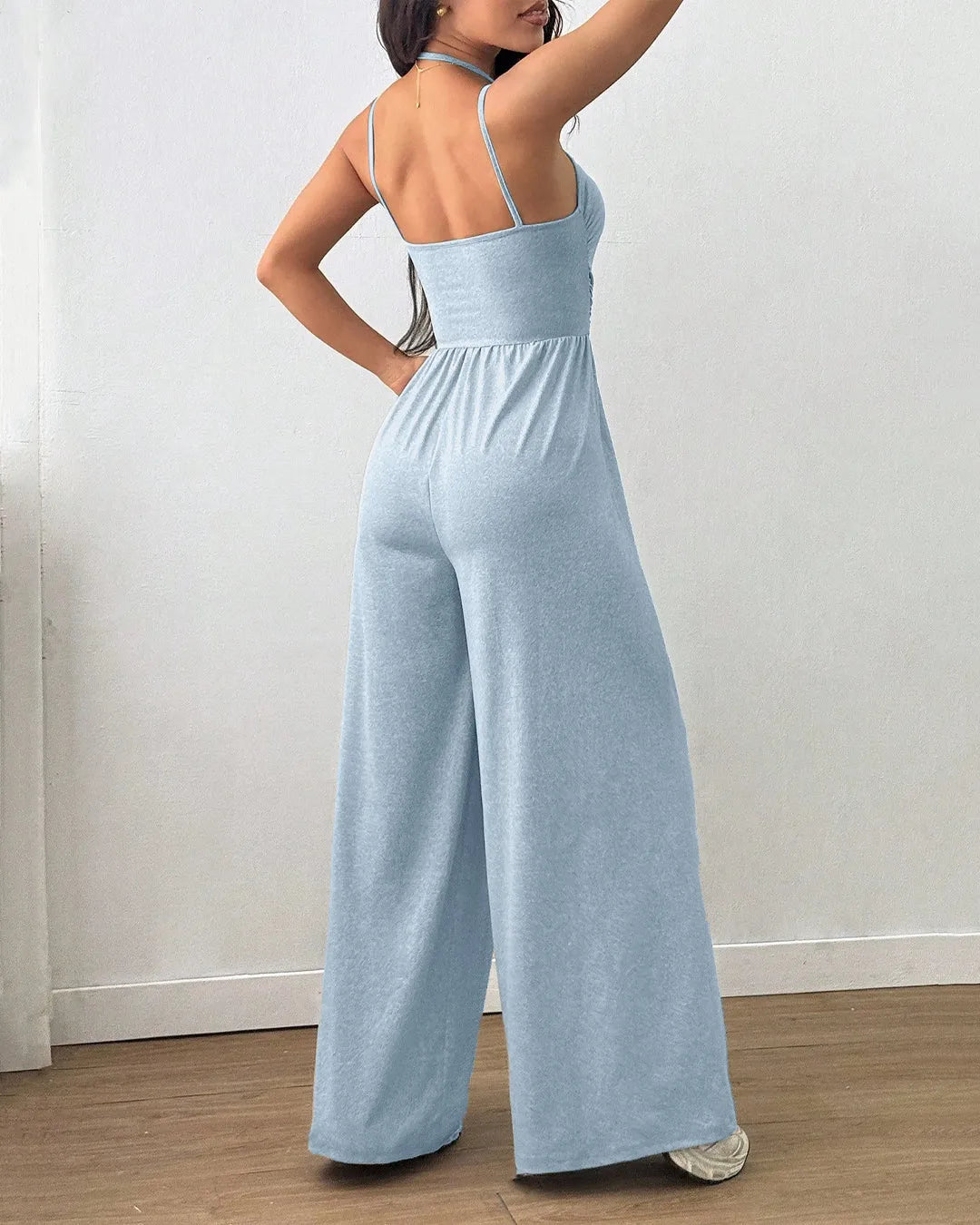 Ice Blue Sleeveless Wide-Leg Casual Jumpsuit