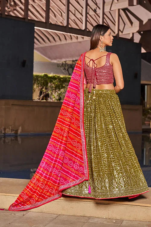 Indian Collection For Bridal Wear Lehenga Choli With Dupatta  Olive-Pink Colour