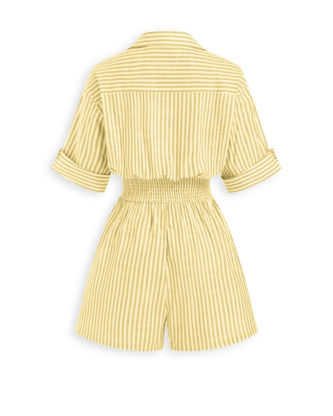Collared Striped Waist Cinched Playsuit in Lemon Yellow