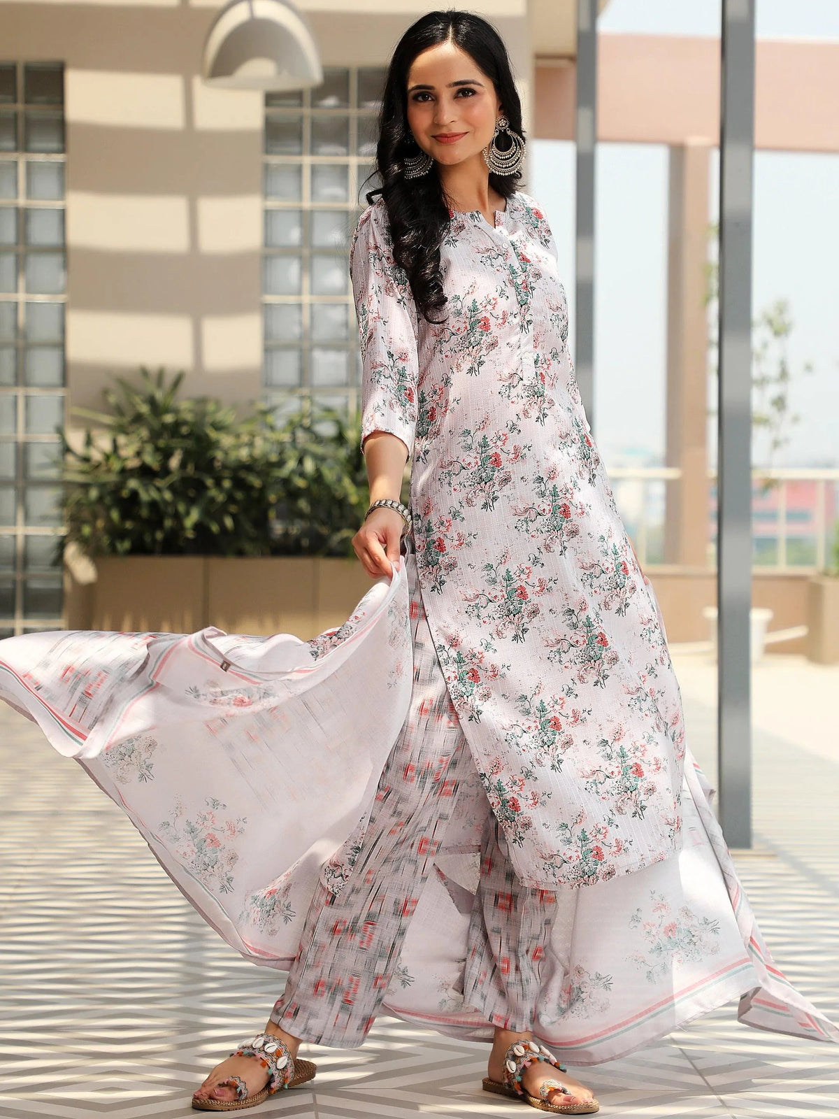 Anouk Grey Printed Cotton Straight Suit With Dupatta