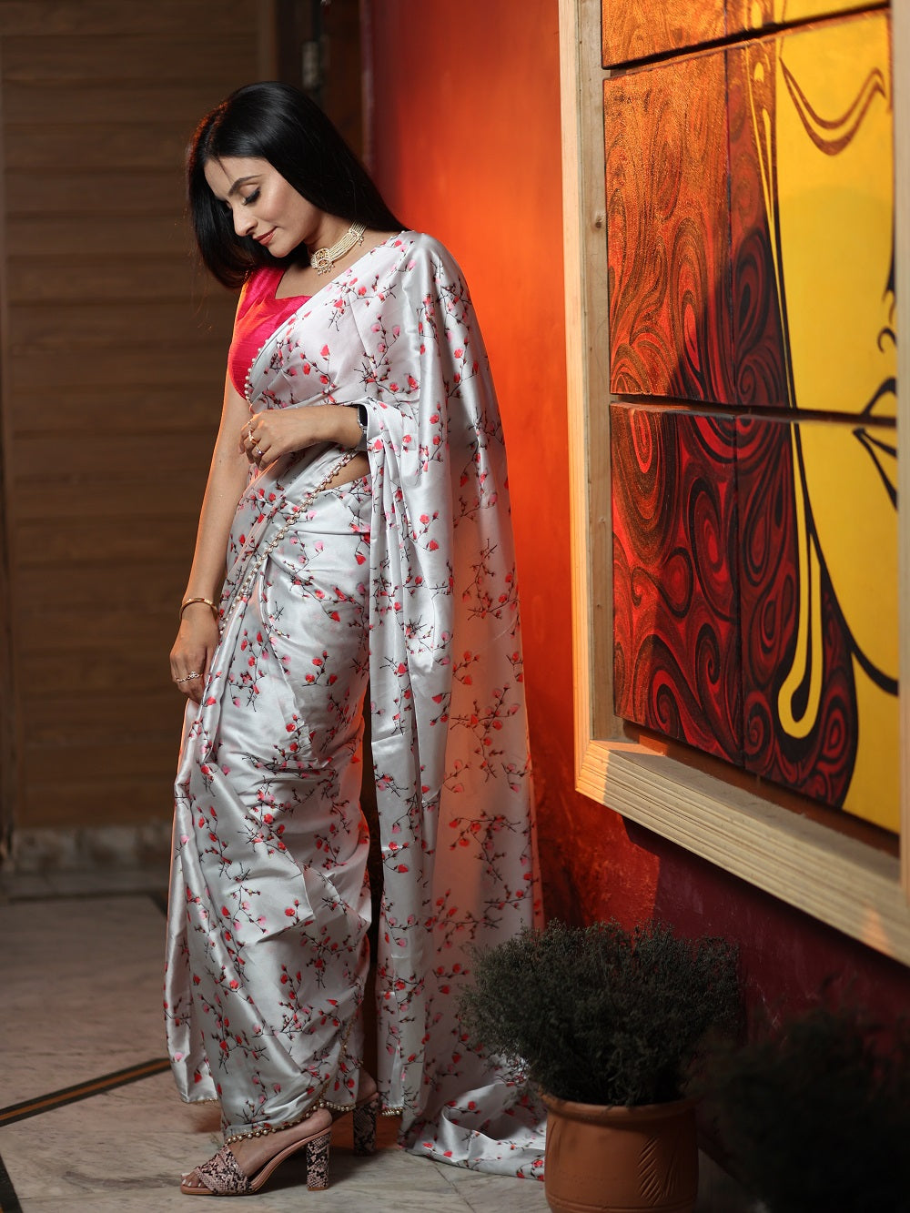 Grey Color Digital Printed Japan Satin Saree With Pearl Lace Border