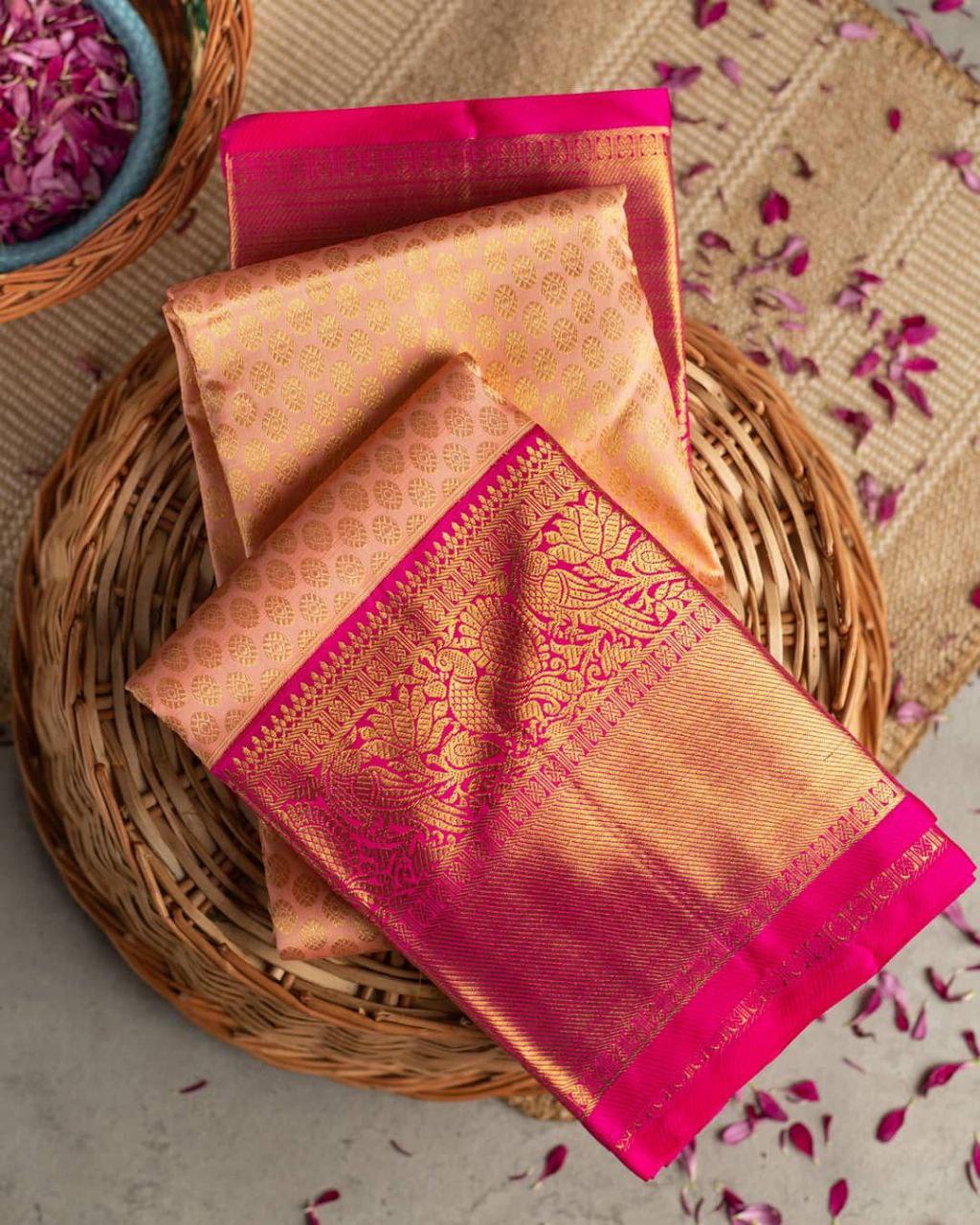 Tremendous Peach Soft Banarasi Silk Saree With Evocative Blouse Piece
