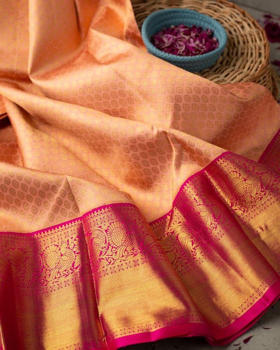 Tremendous Peach Soft Banarasi Silk Saree With Evocative Blouse Piece