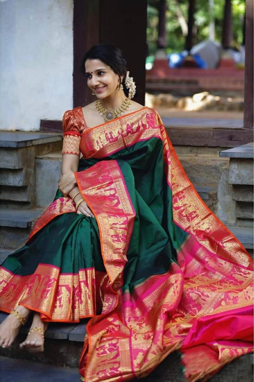 Smashing Green Soft Silk Saree With Divine Blouse Piece