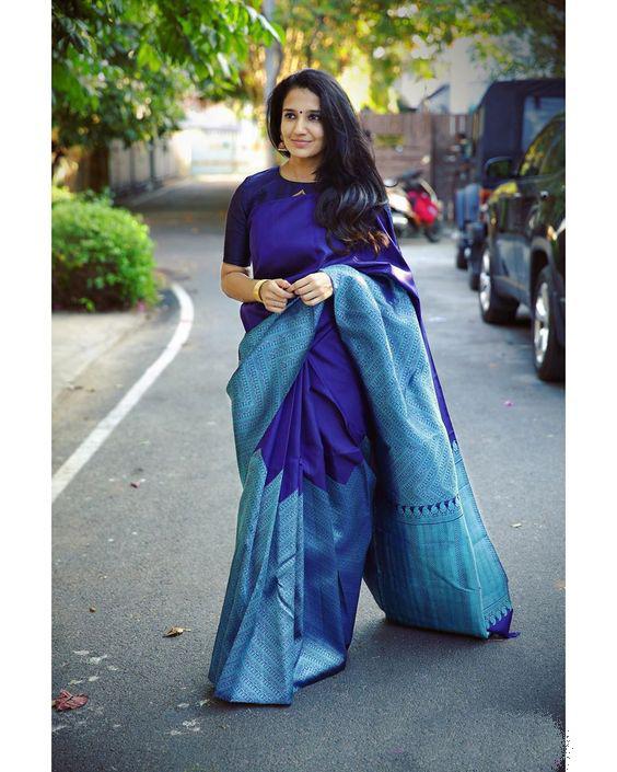 Symmetrical Blue Soft Silk Saree With Dalliance Blouse Piece