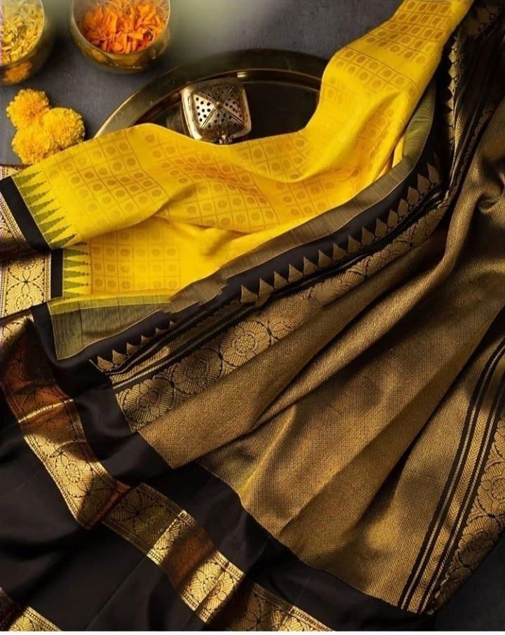 Sizzling Yellow Soft Banarasi Silk Saree With Magnetic Black Blouse Piece