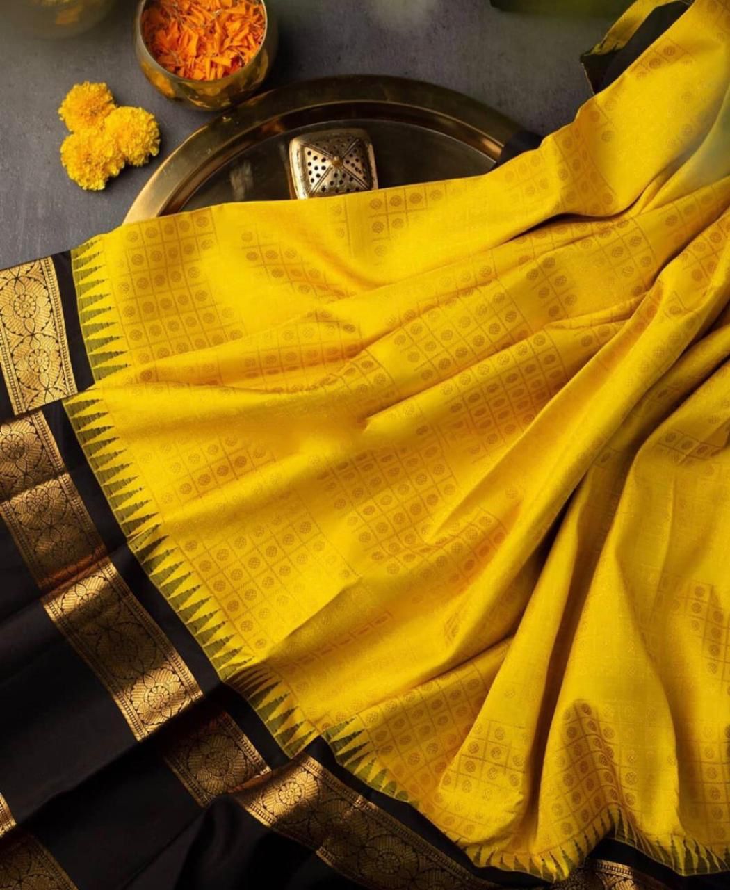 Sizzling Yellow Soft Banarasi Silk Saree With Magnetic Black Blouse Piece