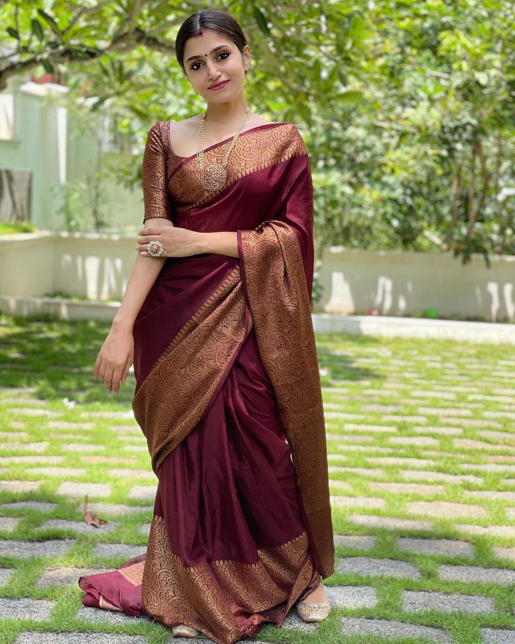Snazzy Wine Soft Silk Saree With Wonderful Blouse Piece