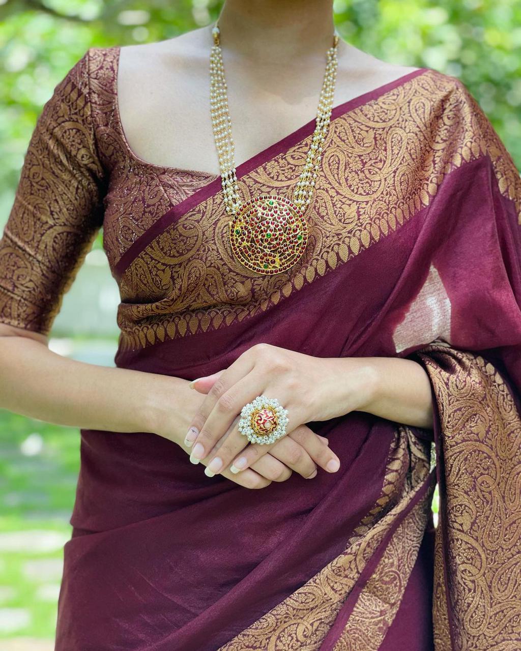 Snazzy Wine Soft Silk Saree With Wonderful Blouse Piece