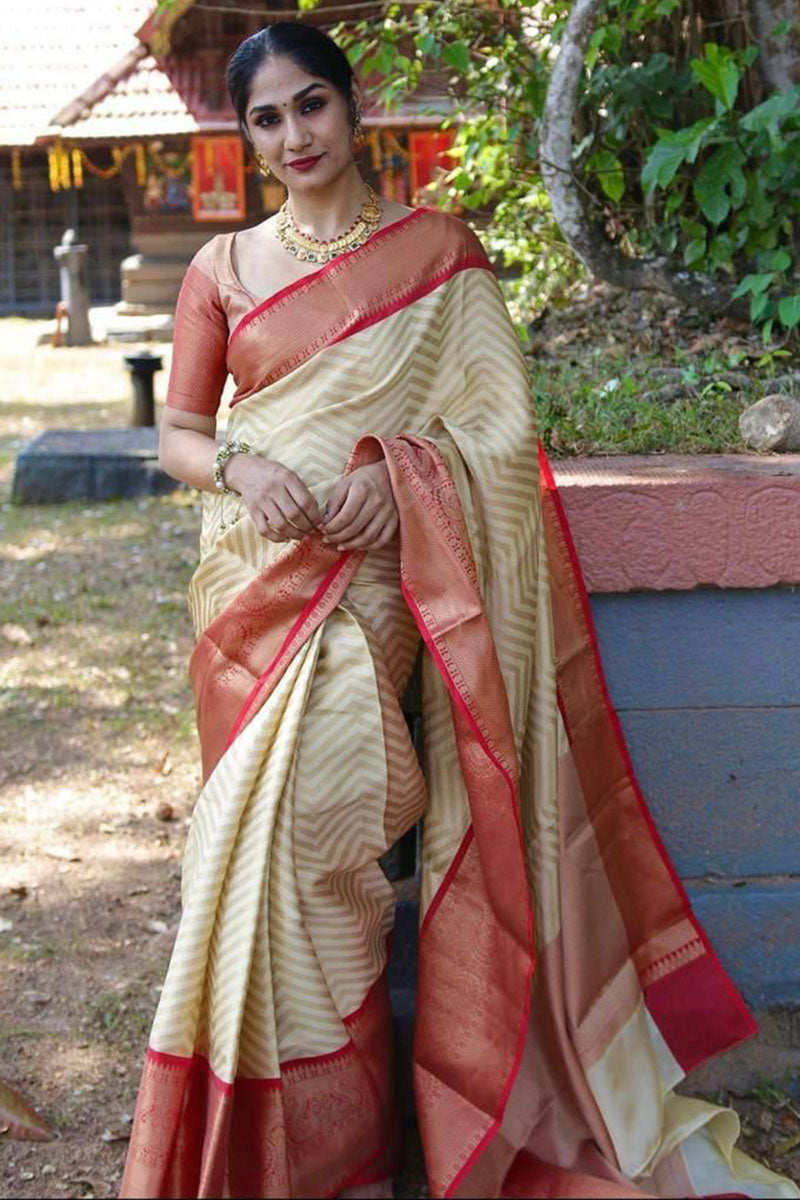 Excellent Beige Soft Silk Saree With Flaunt Blouse Piece