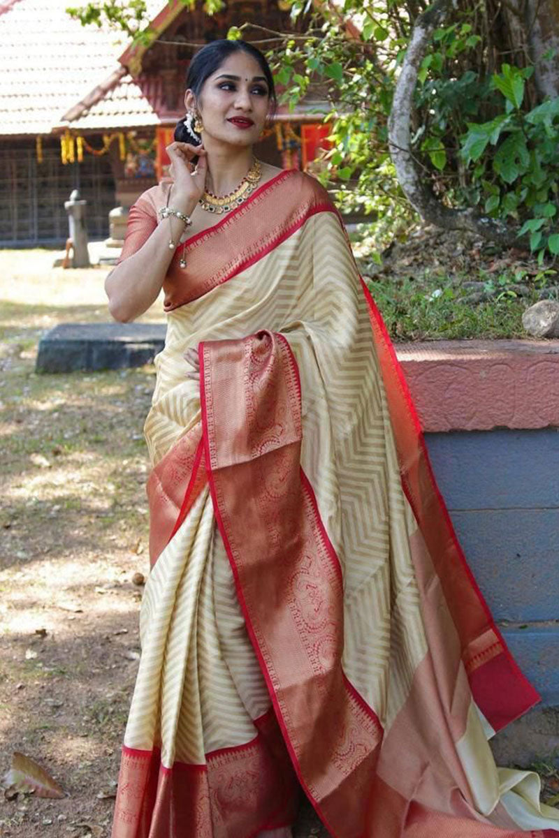 Excellent Beige Soft Silk Saree With Flaunt Blouse Piece