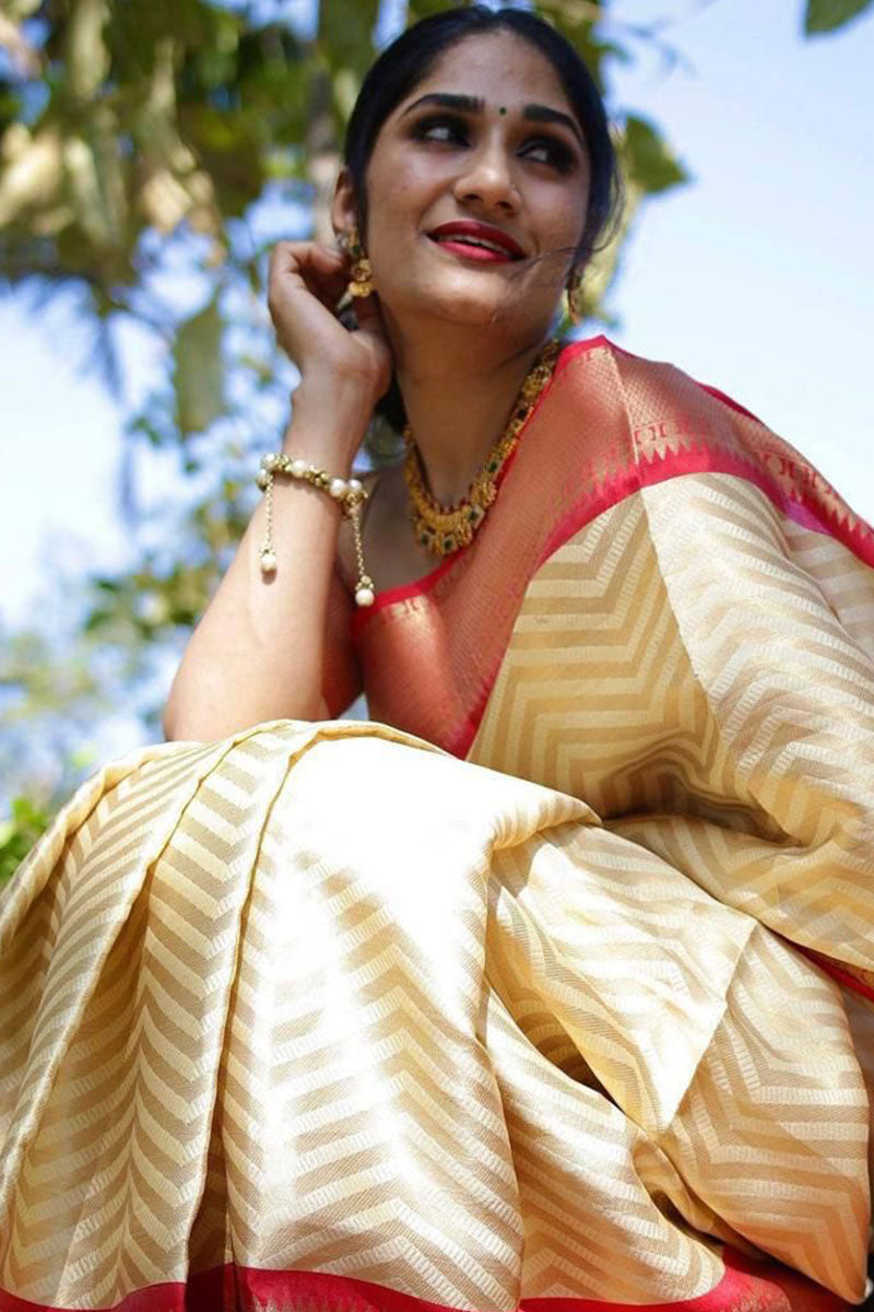 Excellent Beige Soft Silk Saree With Flaunt Blouse Piece