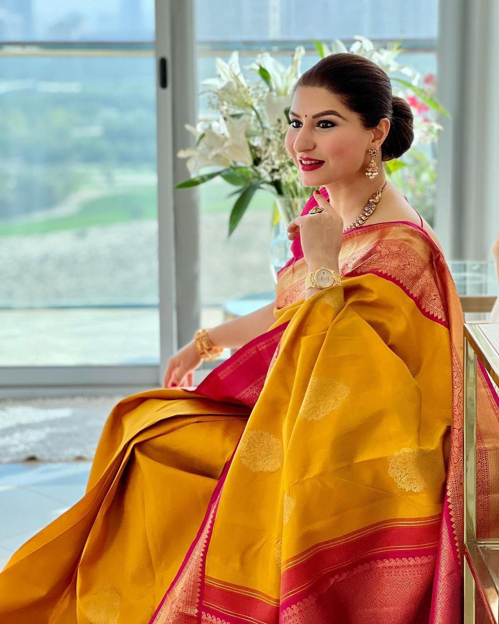 Dissemble Yellow Soft Banarasi Silk Saree With Blissful Blouse Piece