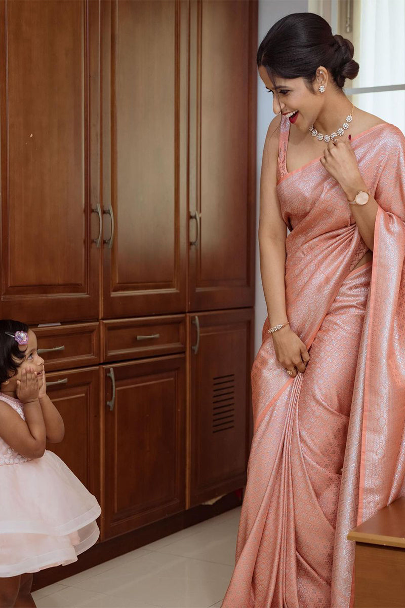 Sensational Peach Soft Kanjivaram Silk Saree With Skinny Blouse Piece