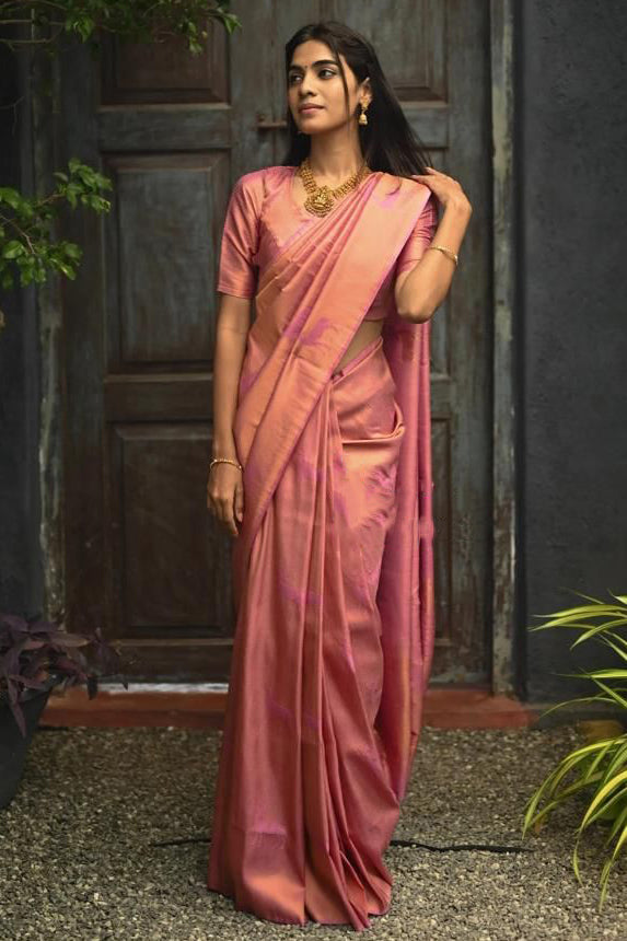 Unequalled Pink Soft Silk Saree With Snazzy Blouse Piece
