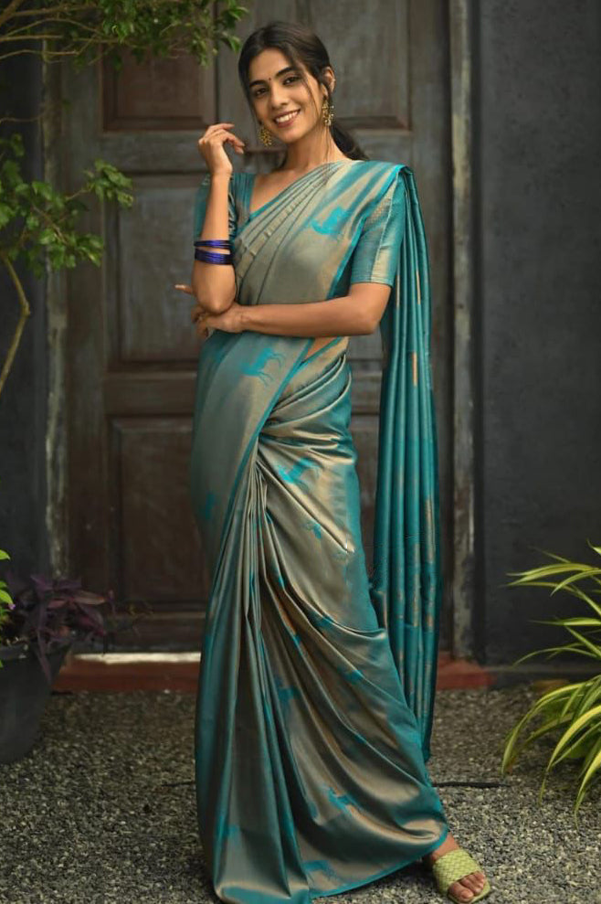 Tremendous Sky Soft Silk Saree With Incredible Blouse Piece