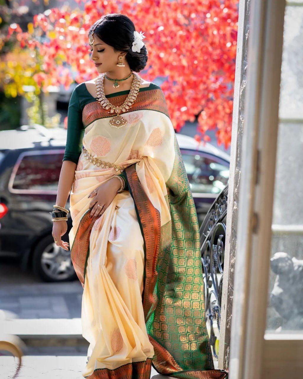 Cynosure Beige Soft Silk Saree With Inspiring Blouse Piece