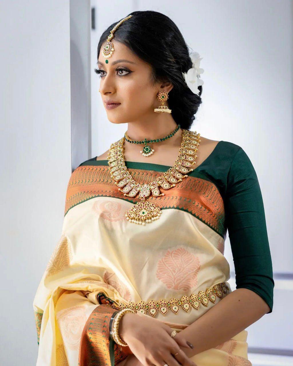 Cynosure Beige Soft Silk Saree With Inspiring Blouse Piece
