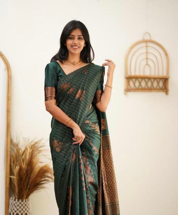 Precious Dark Green Soft Silk Saree With Classy Blouse Piece