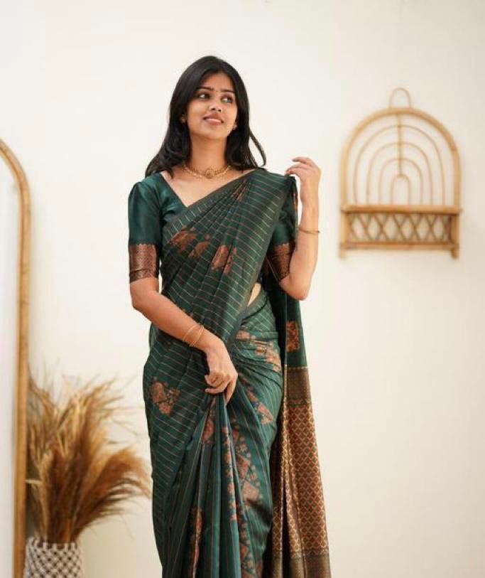 Precious Dark Green Soft Silk Saree With Classy Blouse Piece
