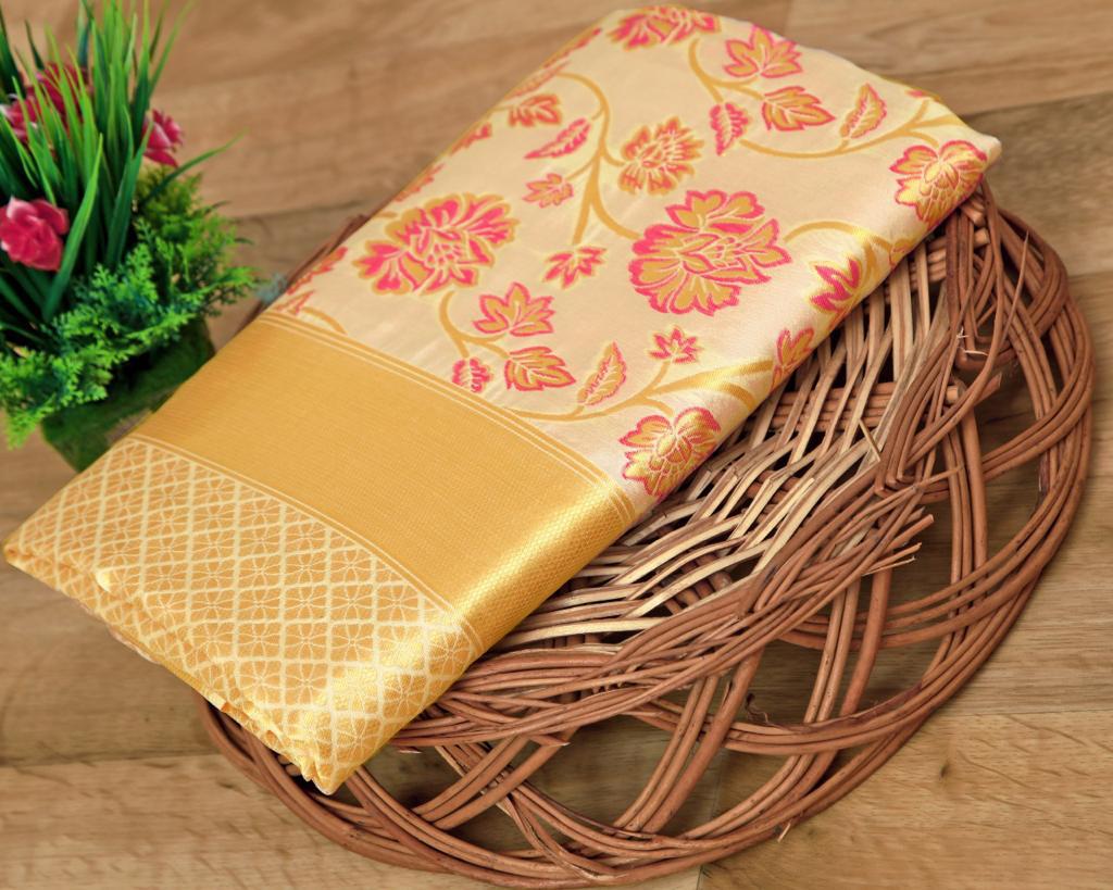 Moiety Beige Soft Banarasi Silk Saree With Improbable Blouse Piece