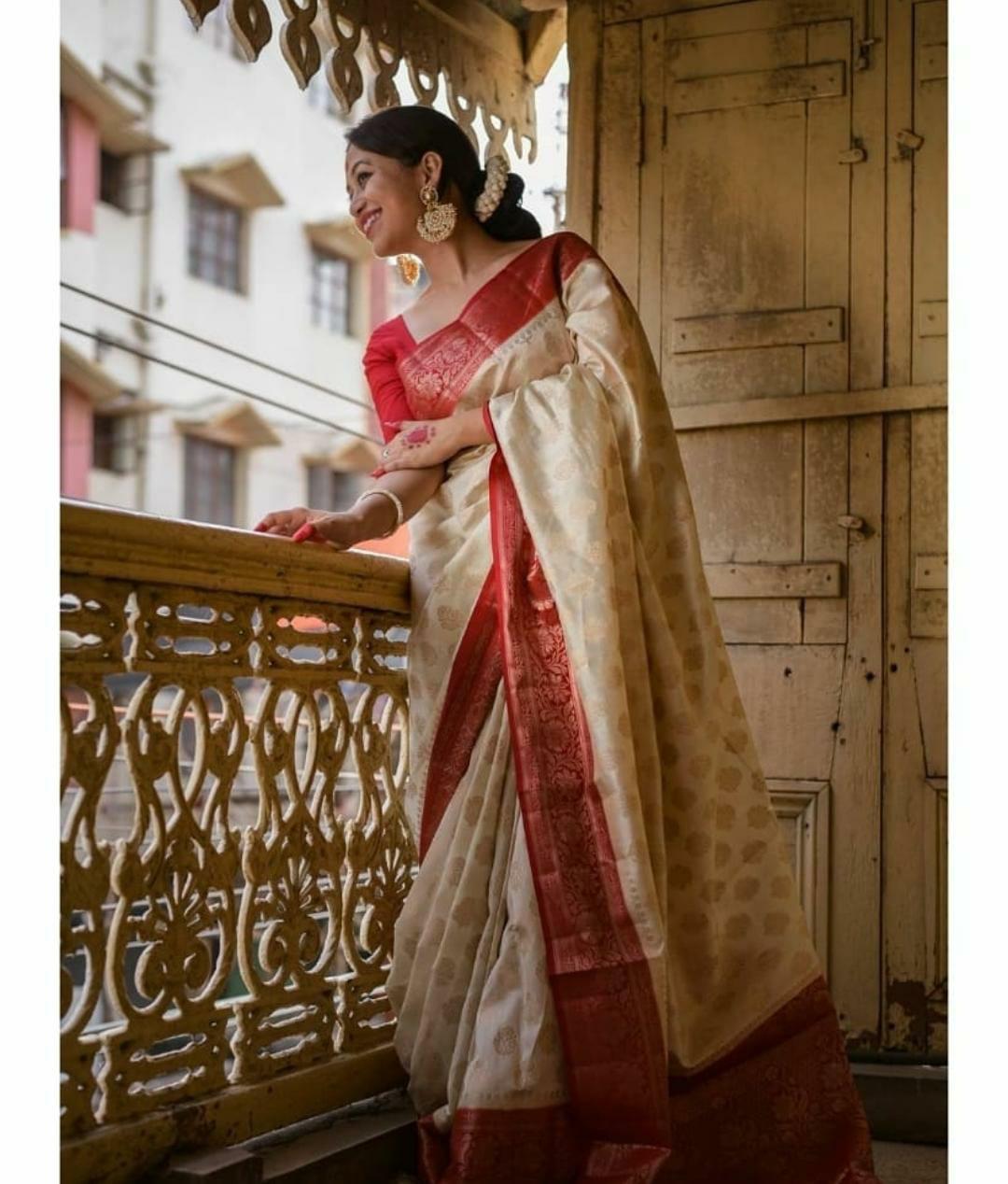 Splendorous Beige Soft Banarasi Silk Saree With Bucolic Blouse Piece