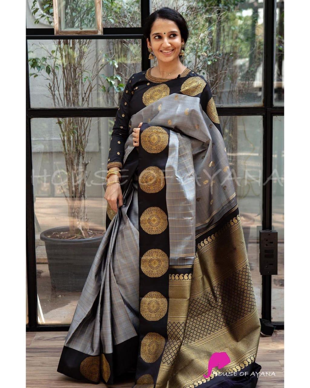 Stunning Grey Soft Banarasi Silk Saree With Intricate Blouse Piece