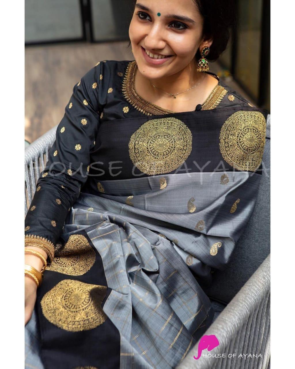 Stunning Grey Soft Banarasi Silk Saree With Intricate Blouse Piece