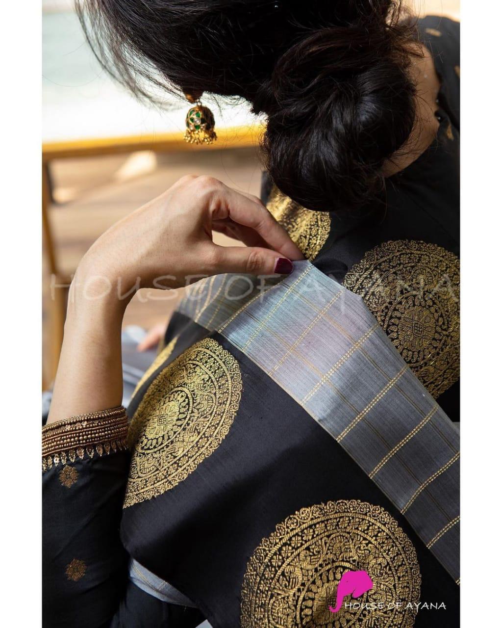 Stunning Grey Soft Banarasi Silk Saree With Intricate Blouse Piece