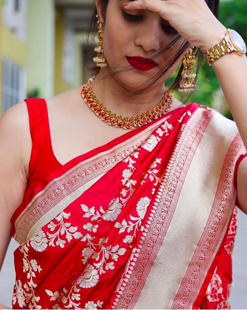 Divine Red Soft Banarasi Silk Saree With Seraglio Blouse Piece