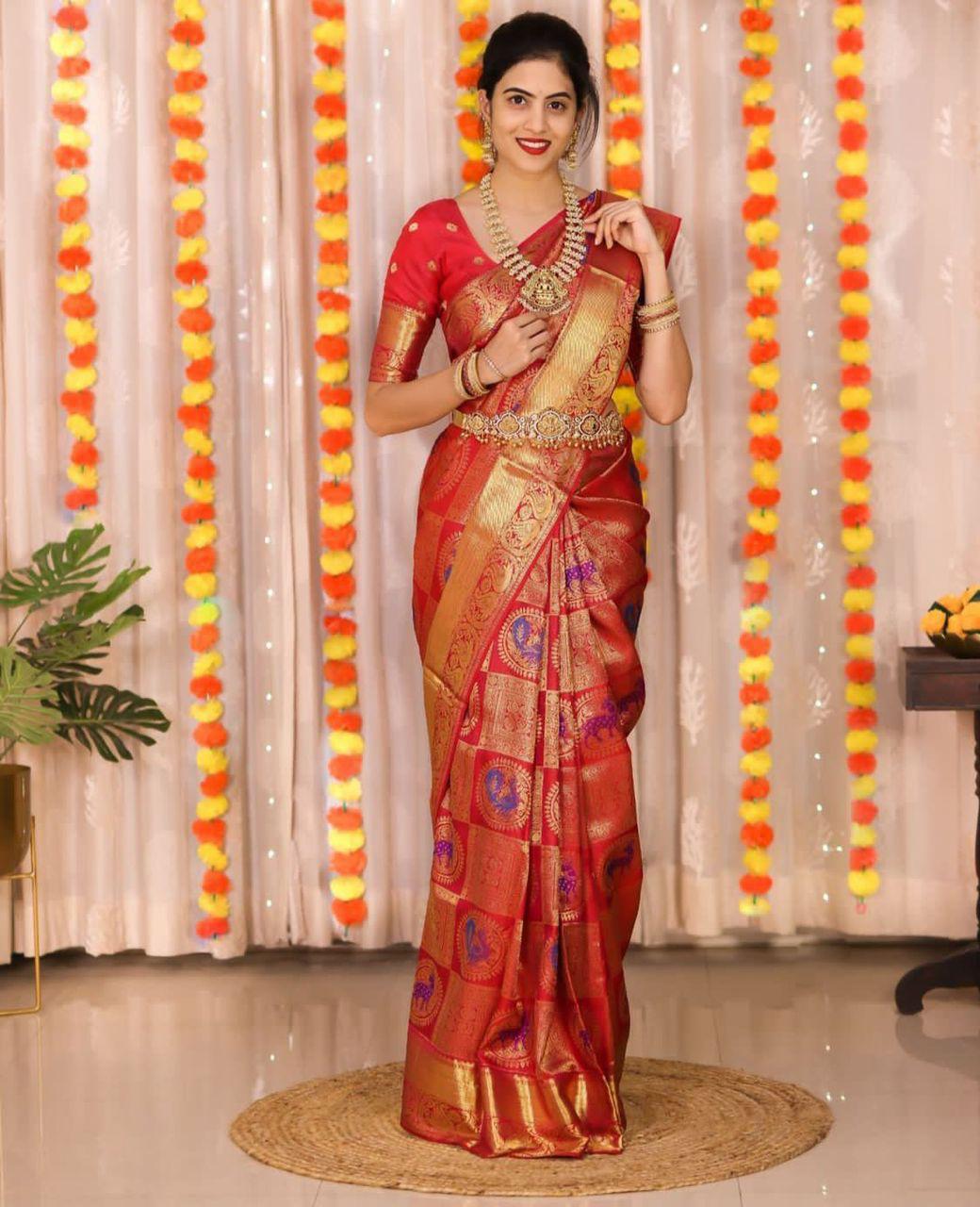 Blooming Red Soft Banarasi Silk Saree With Imbrication Blouse Piece