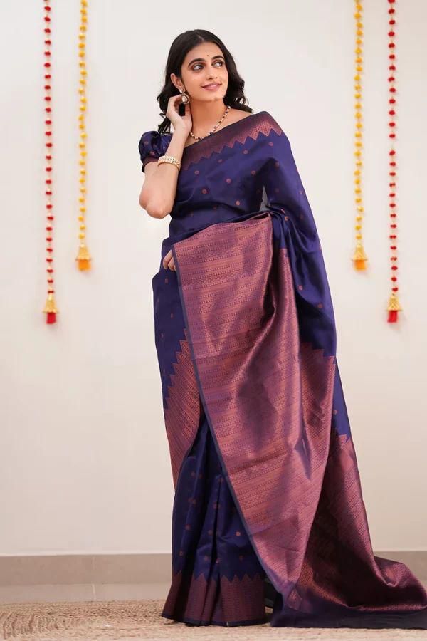 Symmetrical Navy Blue Soft Silk Saree With Jazzy Blouse Piece