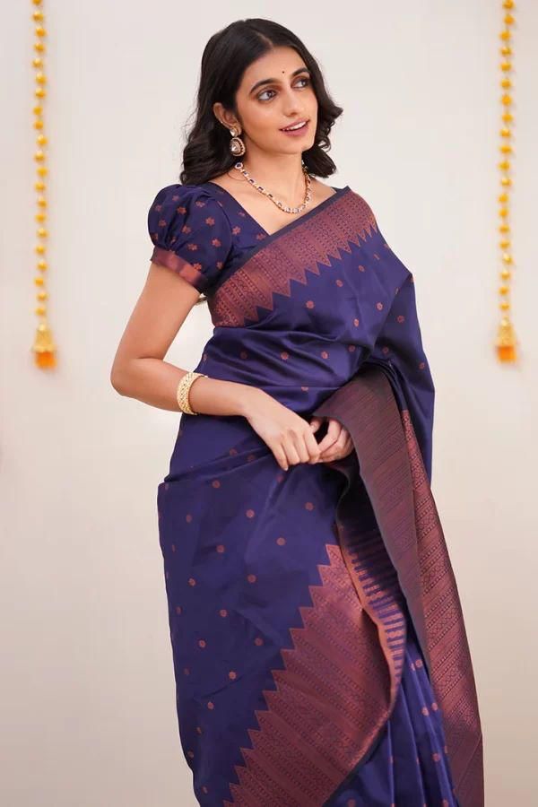 Symmetrical Navy Blue Soft Silk Saree With Jazzy Blouse Piece