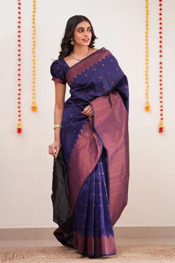 Symmetrical Navy Blue Soft Silk Saree With Jazzy Blouse Piece