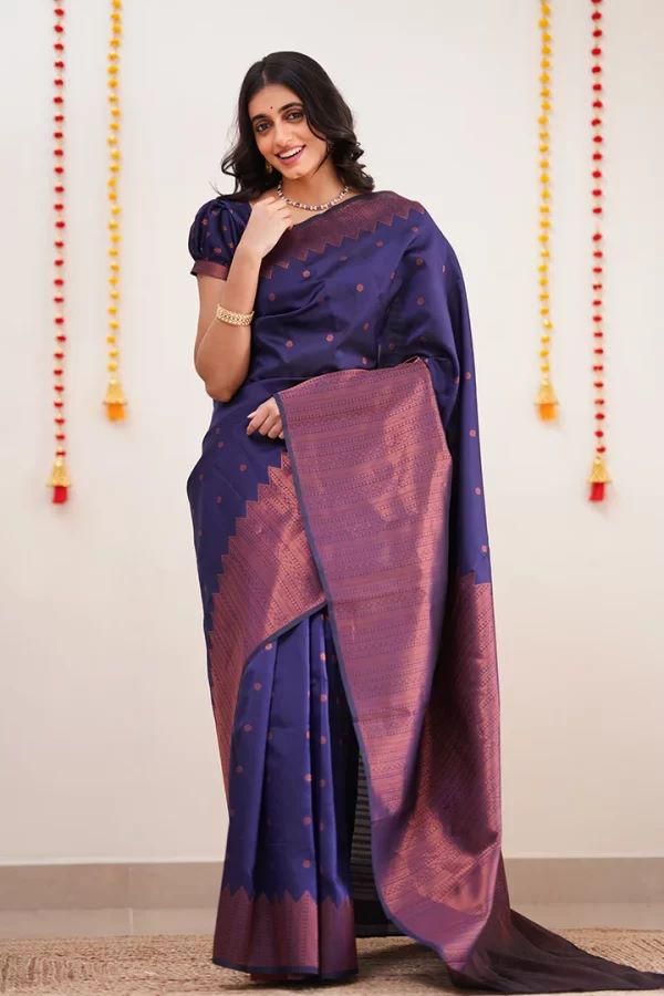 Symmetrical Navy Blue Soft Silk Saree With Jazzy Blouse Piece
