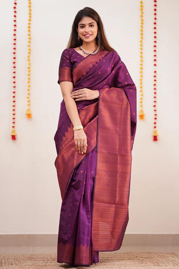 Imaginative Purple Soft Silk Saree With Comely Blouse Piece