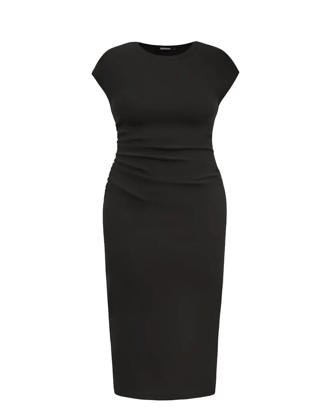 Knitted Short Sleeve Bodycon Dress With Pleated Waist In Black Curve & Plus