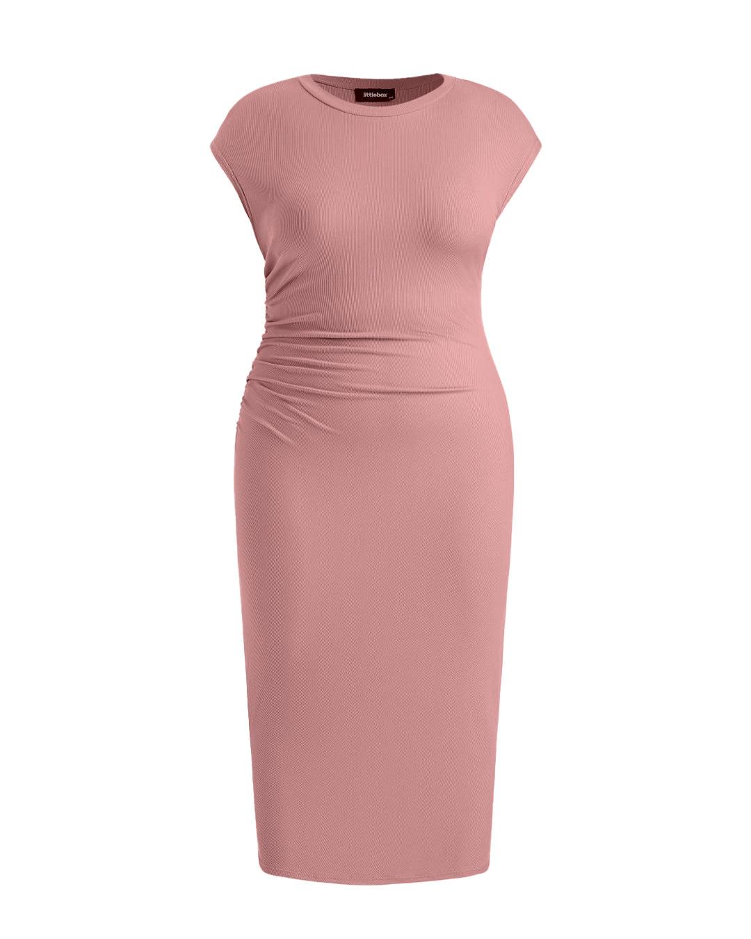 Knitted Short Sleeve Bodycon Dress With Pleated Waist In Pink Curve & Plus