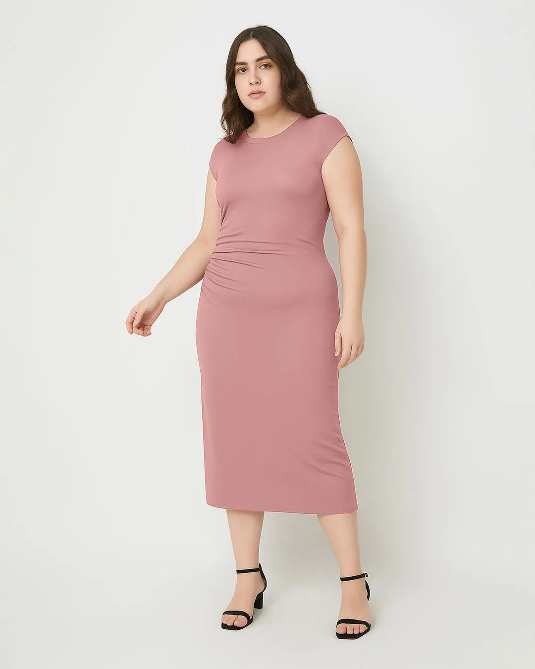 Knitted Short Sleeve Bodycon Dress With Pleated Waist In Pink Curve & Plus