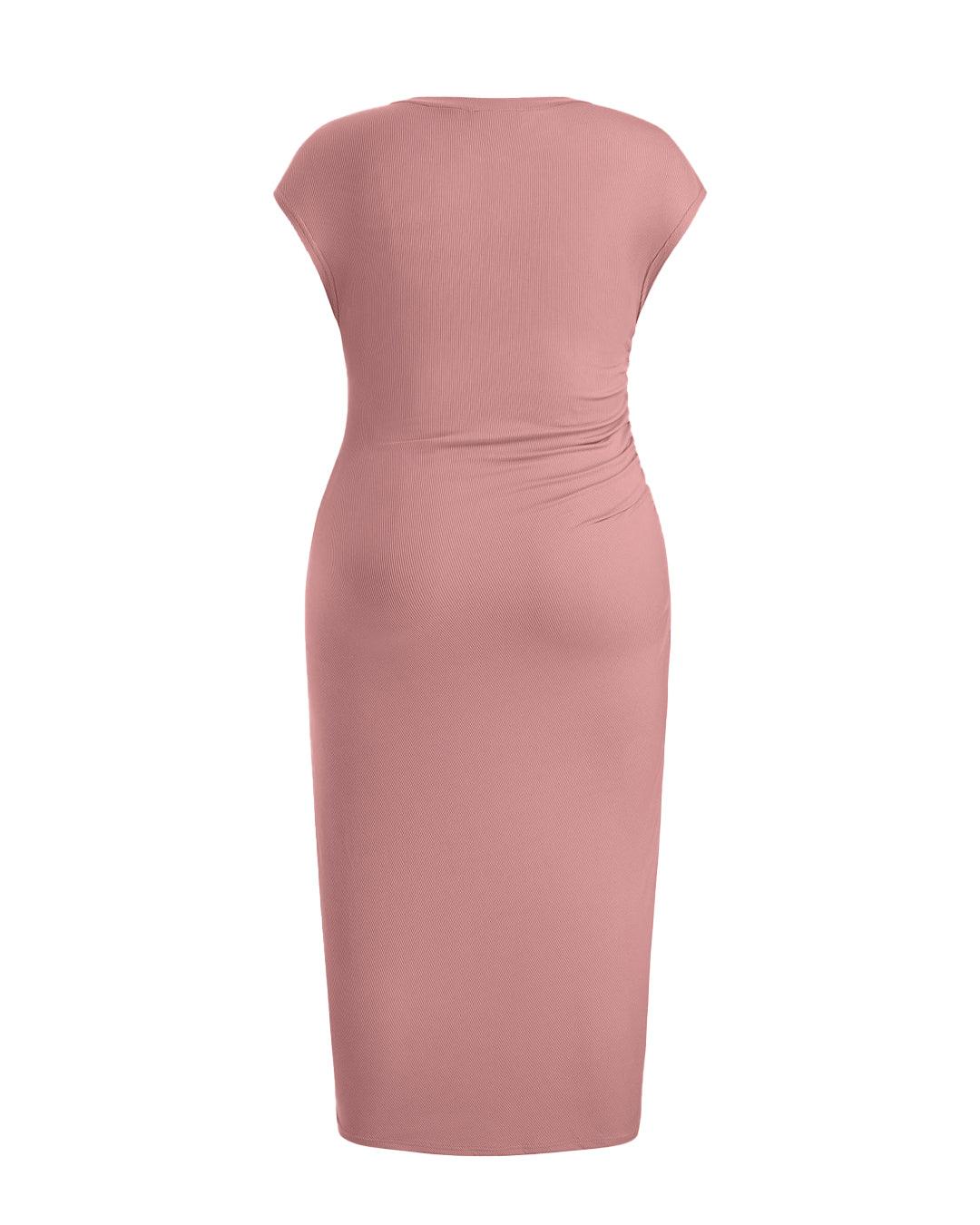 Knitted Short Sleeve Bodycon Dress With Pleated Waist In Pink Curve & Plus