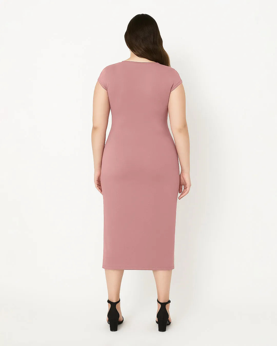 Knitted Short Sleeve Bodycon Dress With Pleated Waist In Pink Curve & Plus
