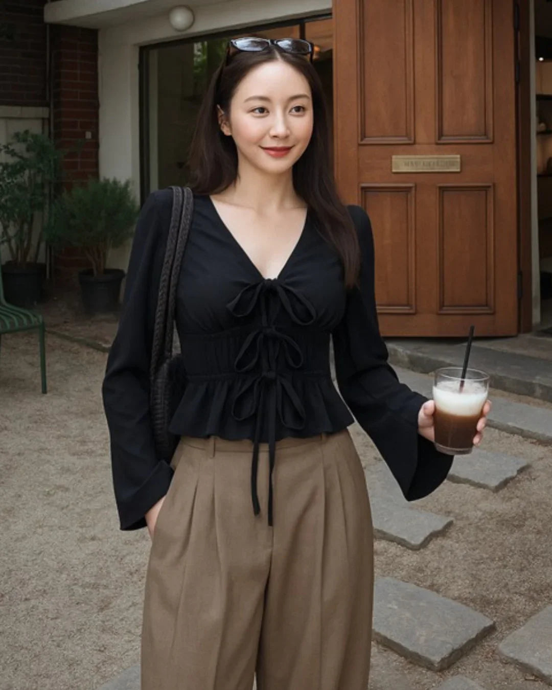 Lace-Up Flared Sleeve Peplum Top in Black