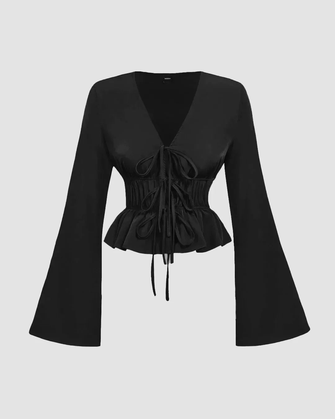 Lace-Up Flared Sleeve Peplum Top in Black