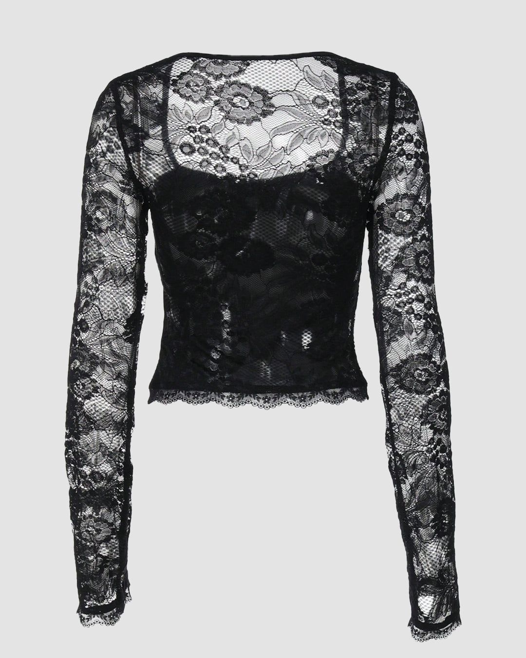 Lace Patchwork Long Sleeve Cropped Top in Black