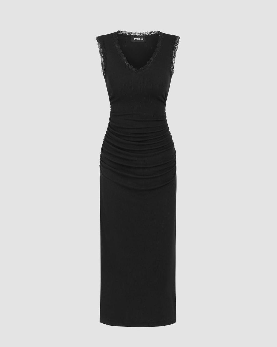 Lace Trim Solid Ruched Black Maxi Dress
