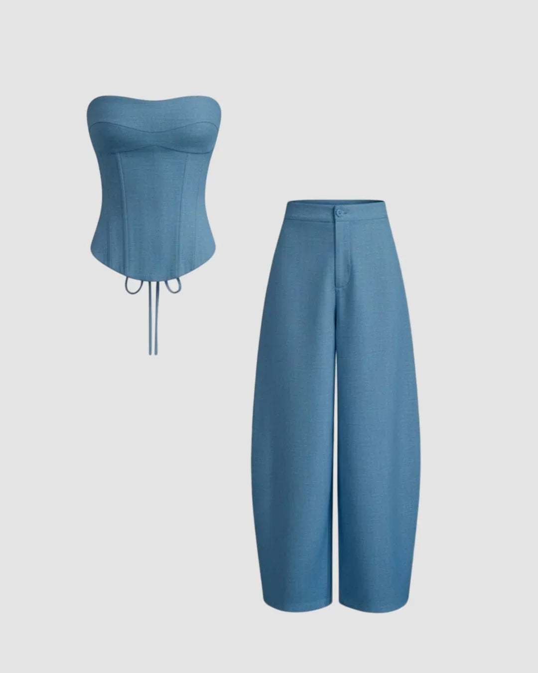 Lace Up Corset Bandeau Top & Mid Rise Barrel-leg Trousers Set in Dark Blue
