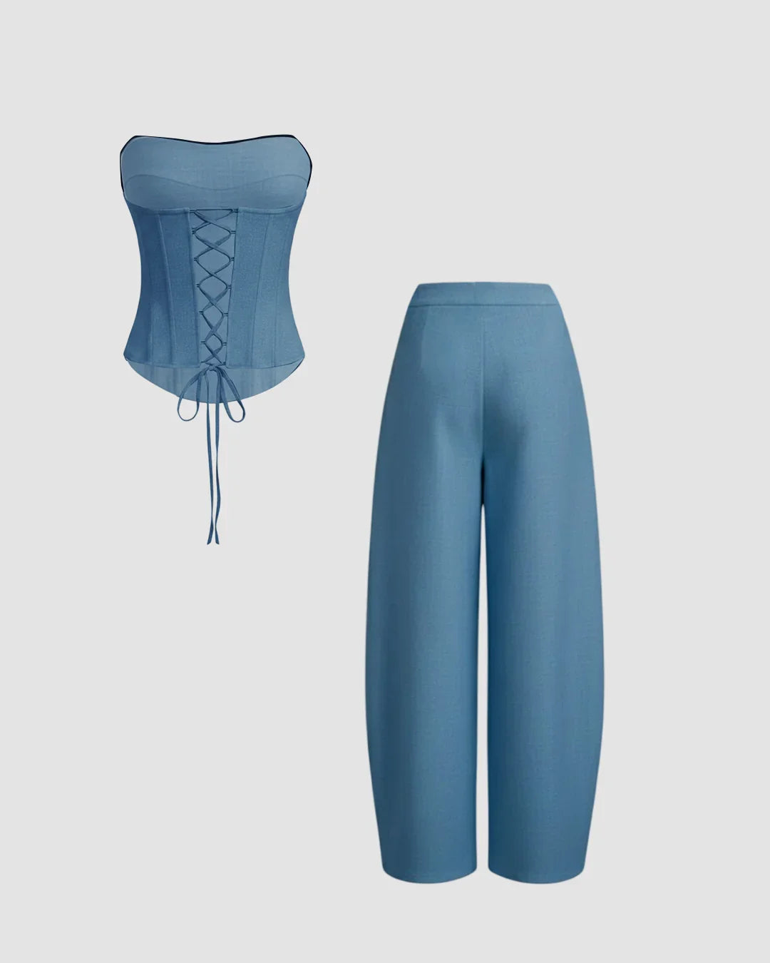Lace Up Corset Bandeau Top & Mid Rise Barrel-leg Trousers Set in Dark Blue